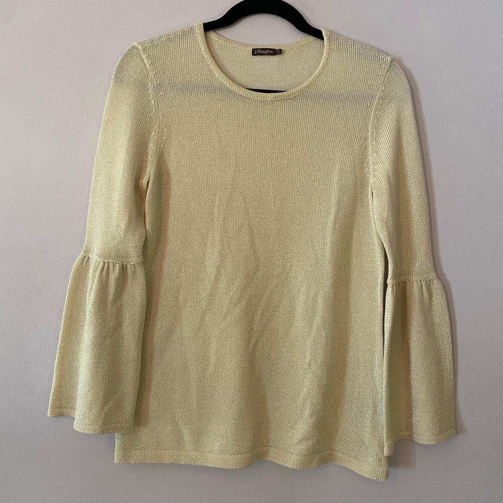 J. McLaughlin Cream Sparkle Gold Knit Crewneck Sweater Bell Sleeves size Small